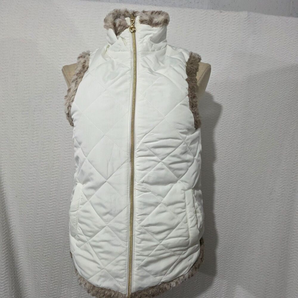 Casual Identity Reversible White & Brown Animal Print Faux Fur Zip Vest S - Picture 3 of 15